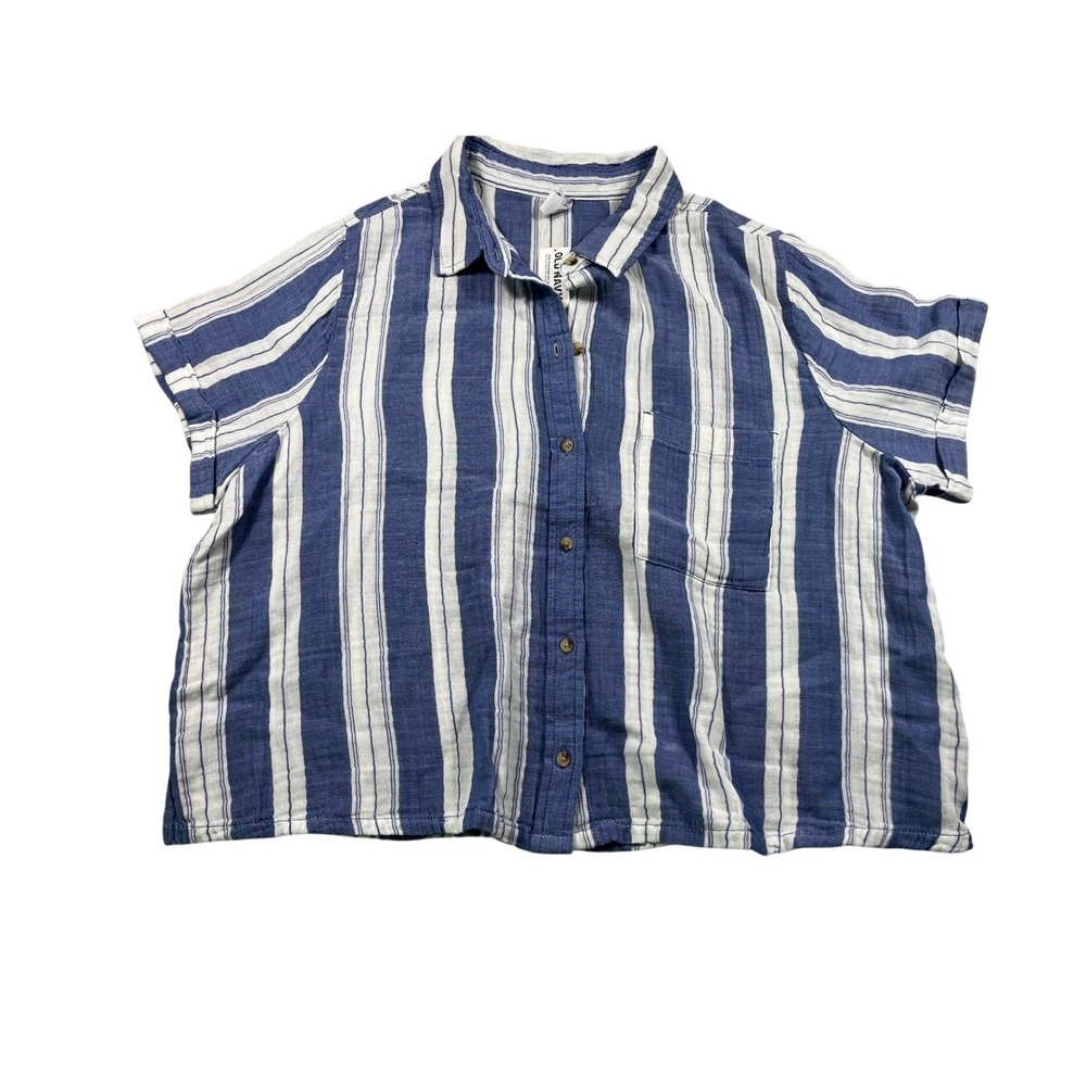 NWT Old Navy Large 100% Cotton Striped Camp Shirt Blue White